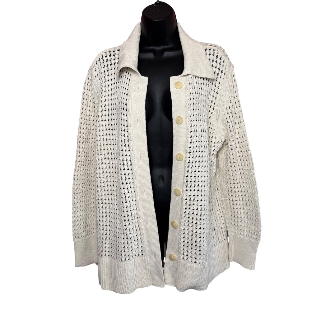 Simply Vera Vera Wang Pointelle Cardigan Womens Large Cream Coastal Grandmother - Picture 4 of 10